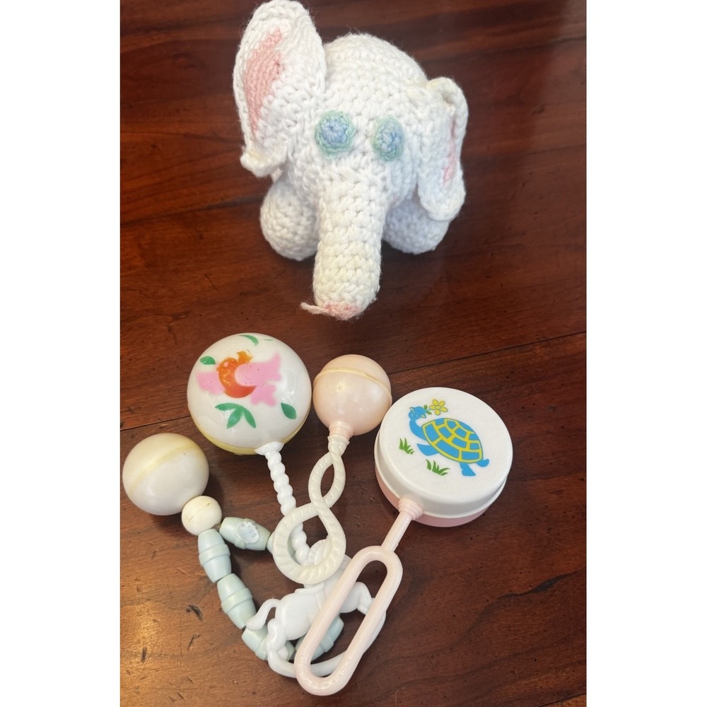 Set of 5 Vintage Baby Rattles including‎ Hand Crocheted Elephant